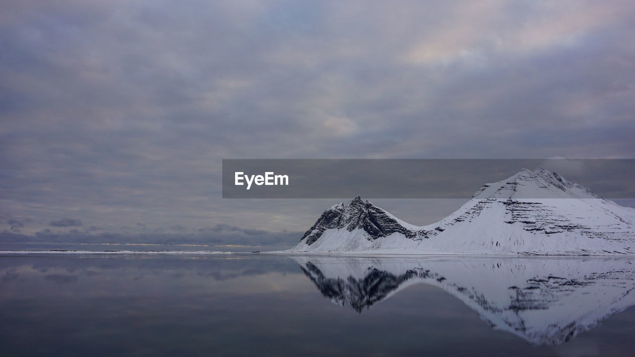 Scenic view of lake and snowcapped mountains against sky