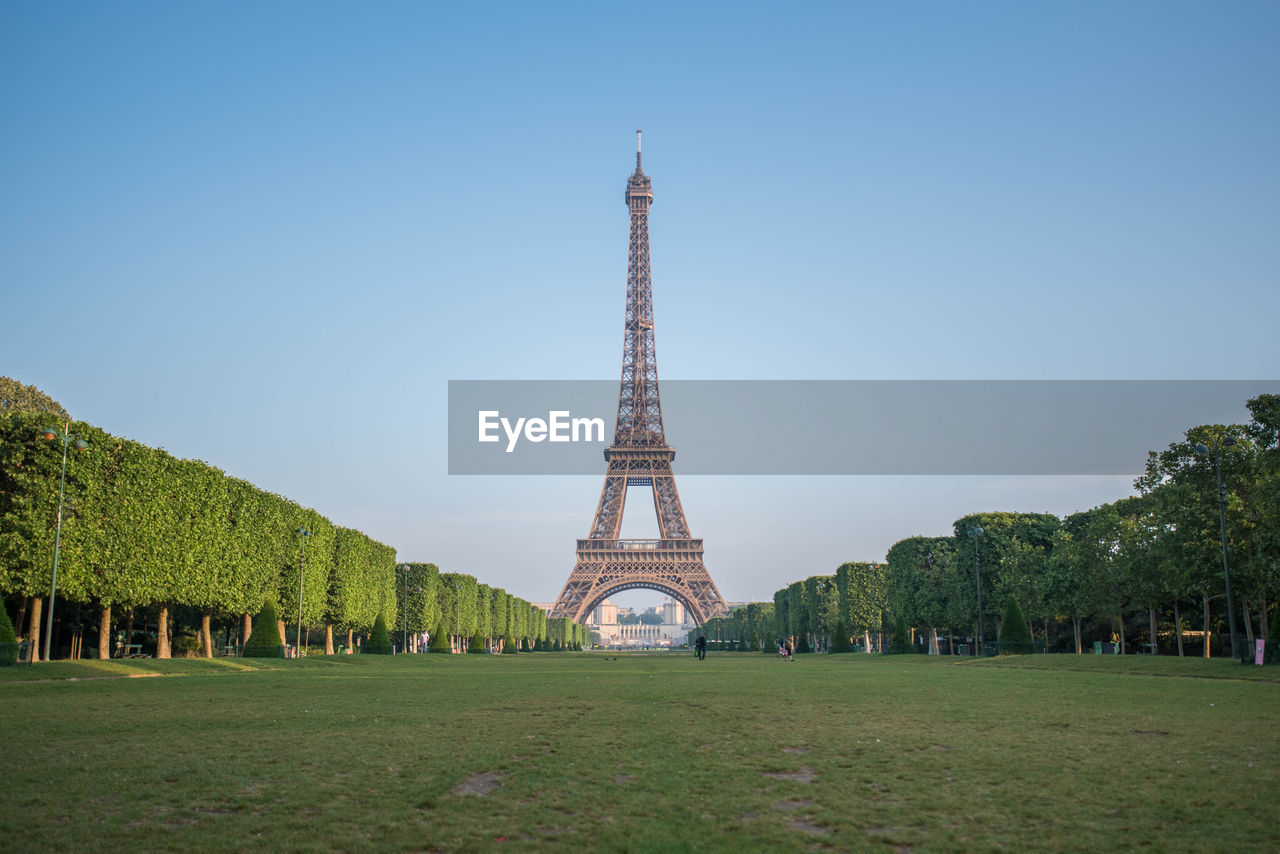 View of eiffel tower against clear blue sky