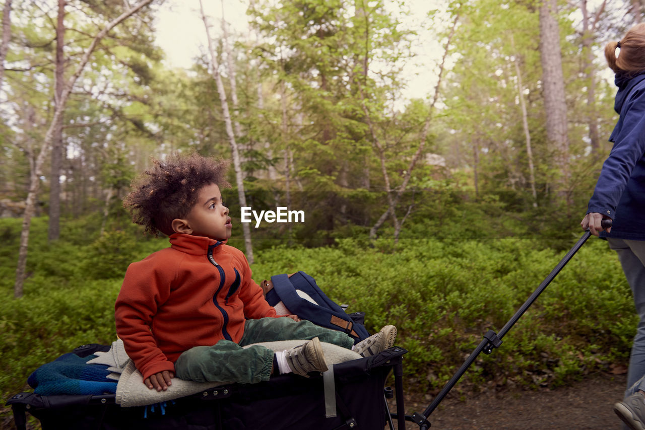 Mother pulling boy sitting on camping cart against trees in forest