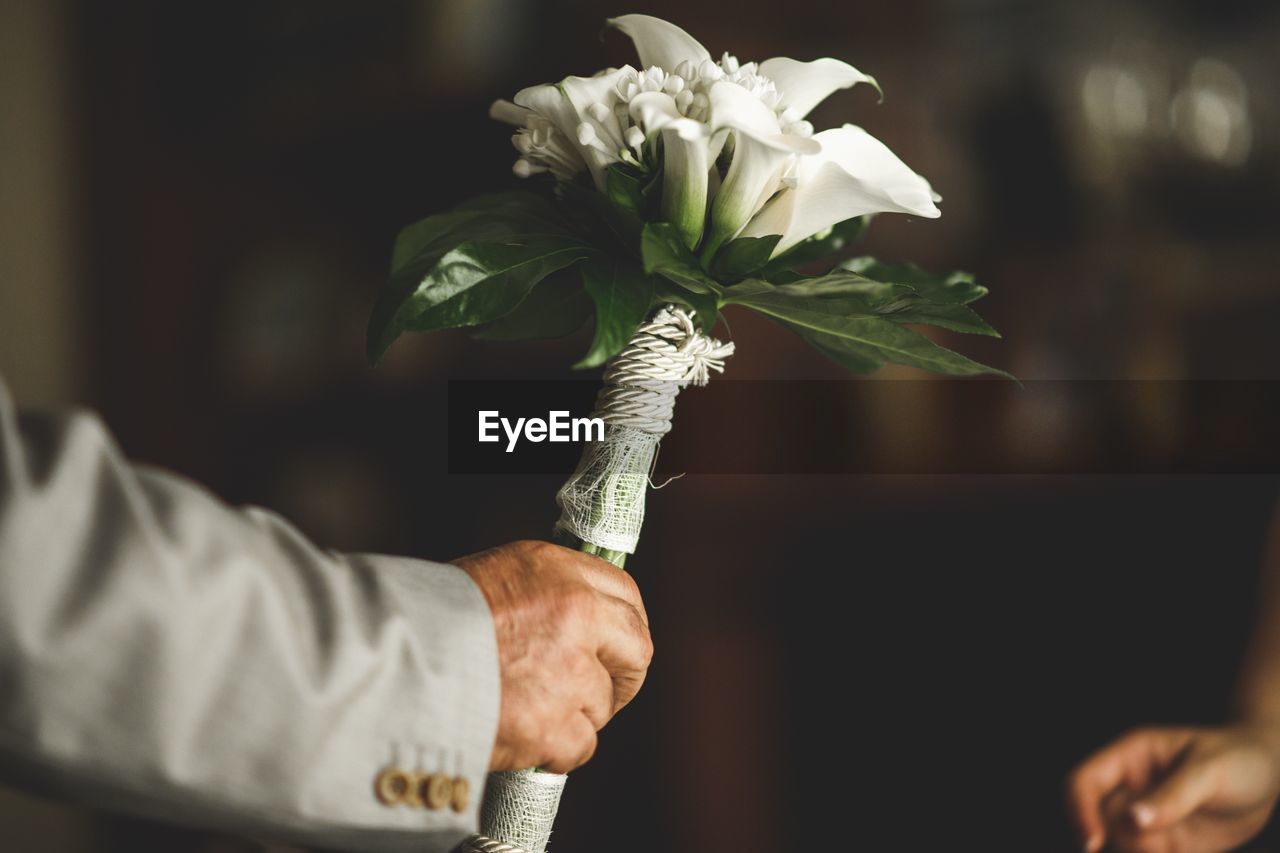 Cropped hand of man holding flower bouquet