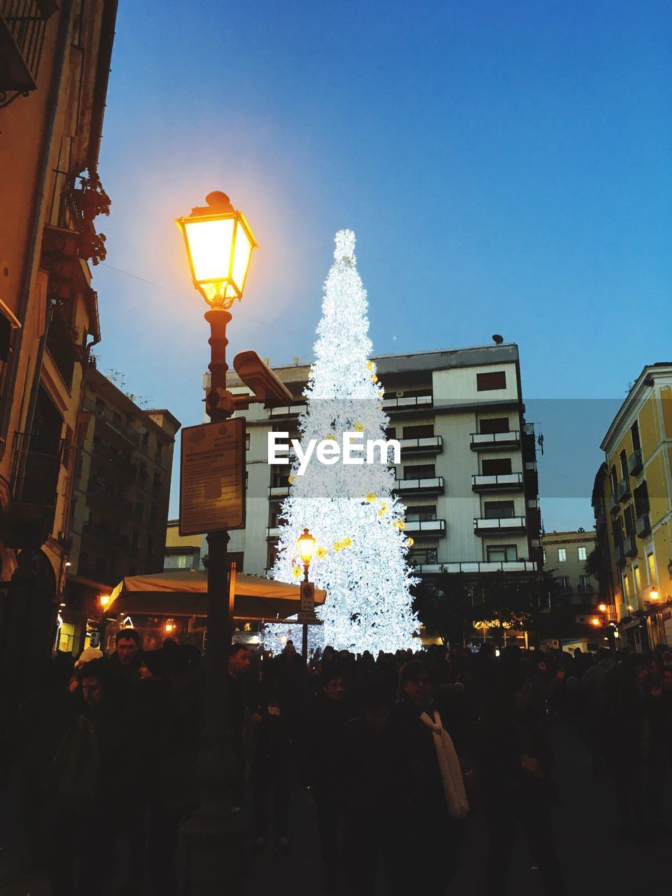 LOW ANGLE VIEW OF ILLUMINATED CHRISTMAS TREE AGAINST SKY