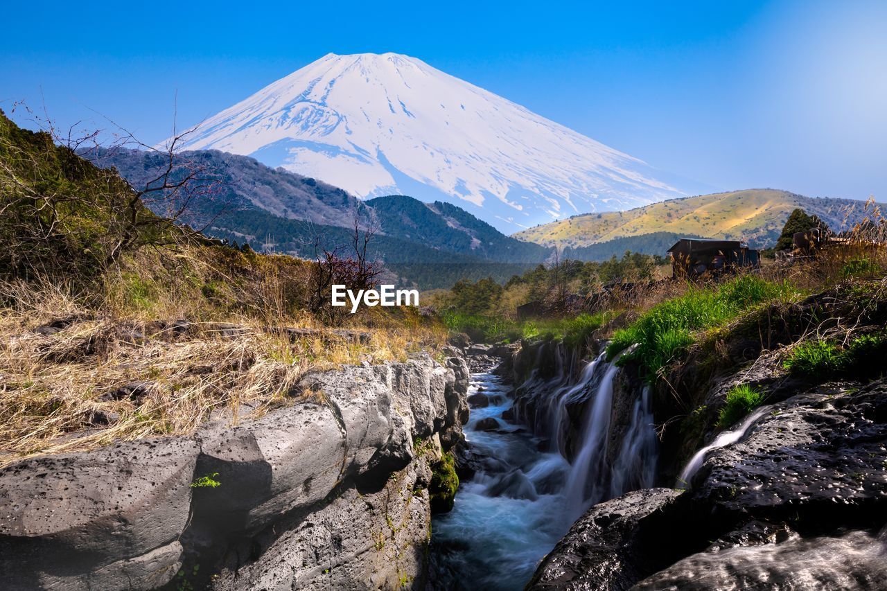 Scenic view of small waterfalls and fuji mountains blue sky background in japan 