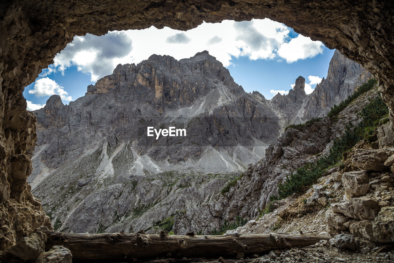 Cadini di misurina gallery on hiking mountain path, trentino, italy