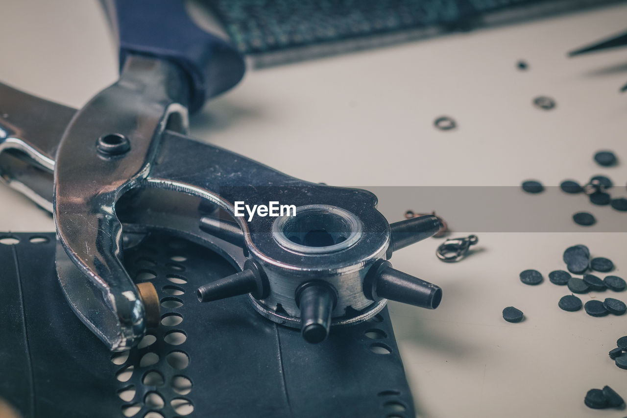 High angle view of work tool on table