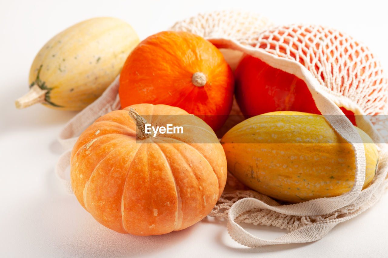 Different varieties of pumpkins in a string bag on a white background