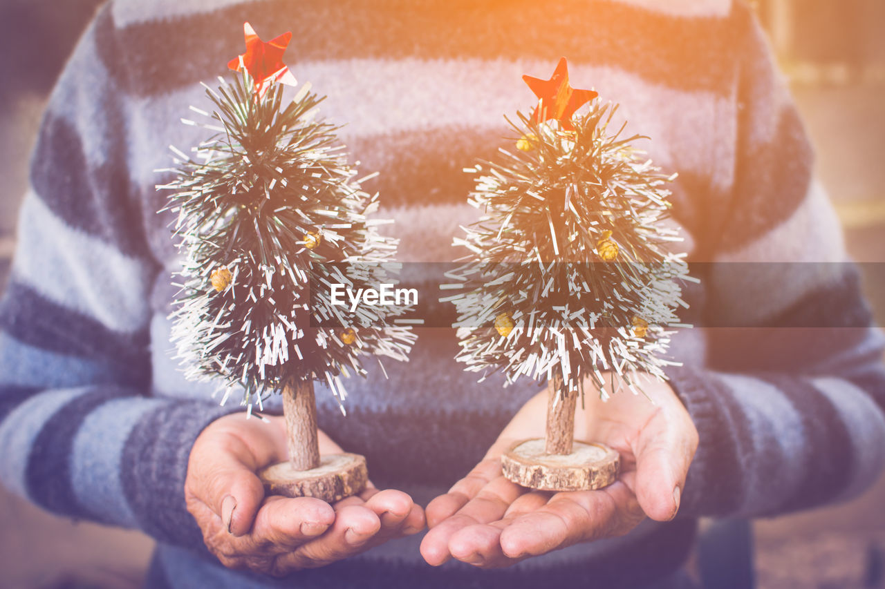 Midsection of man holding christmas tree while standing outdoors