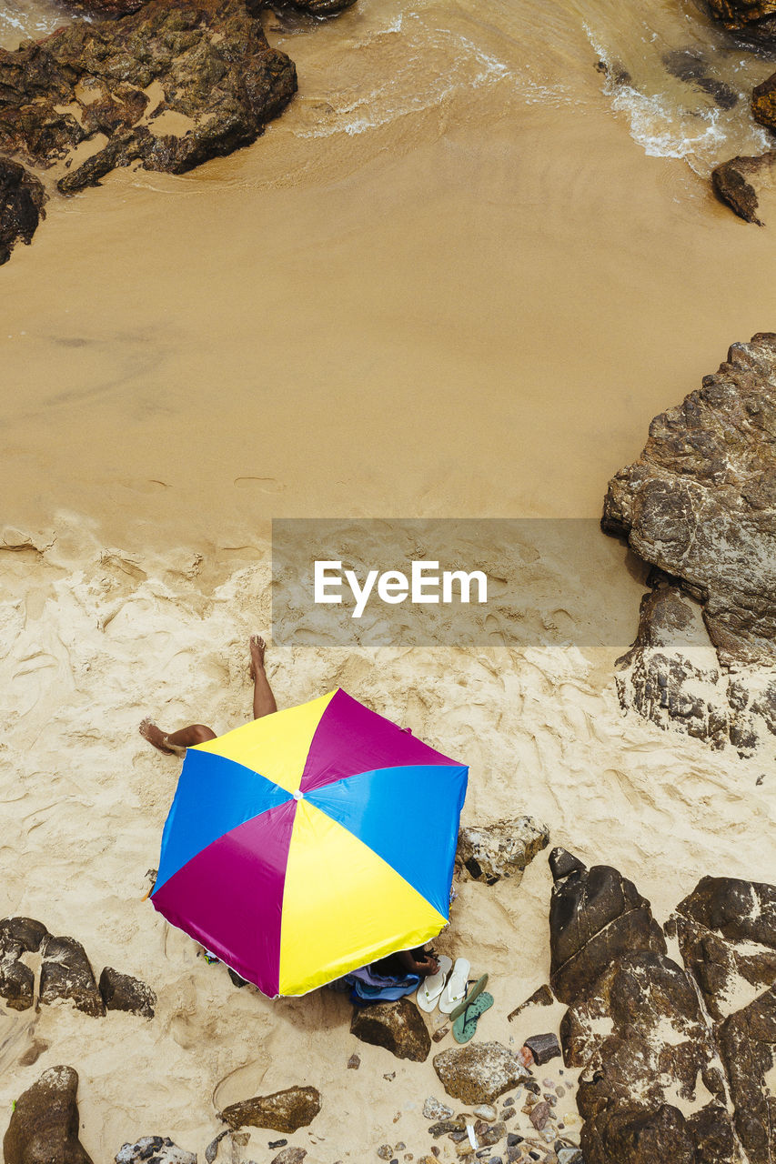 High angle view of umbrella on beach