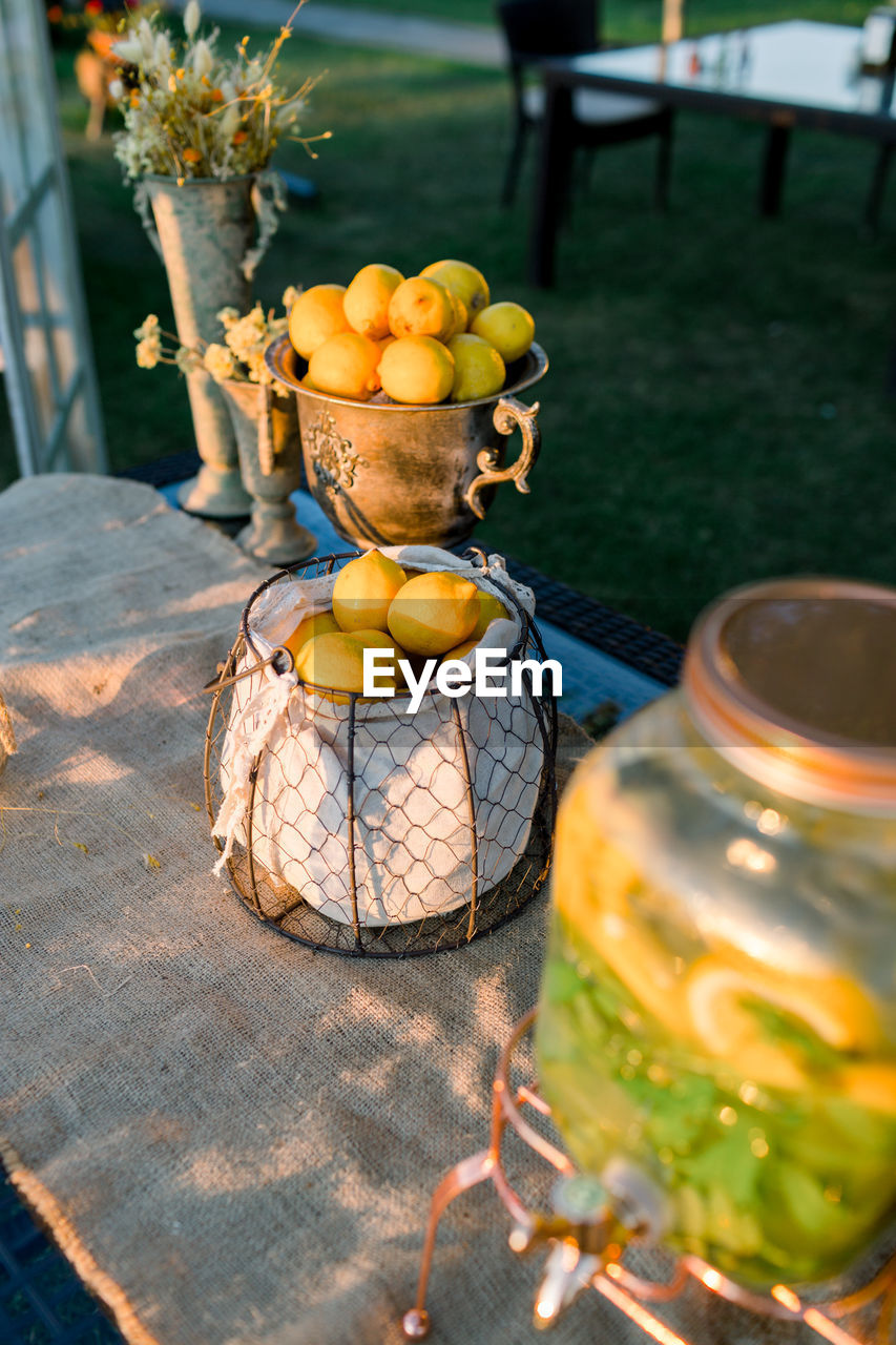 Lemonade buffet. wedding area decoration. preparations for the wedding