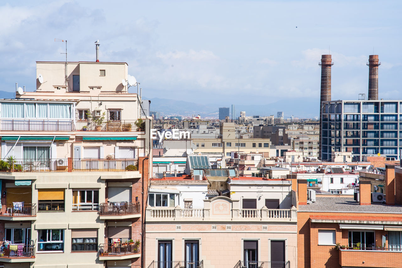 High angle view of buildings against sky