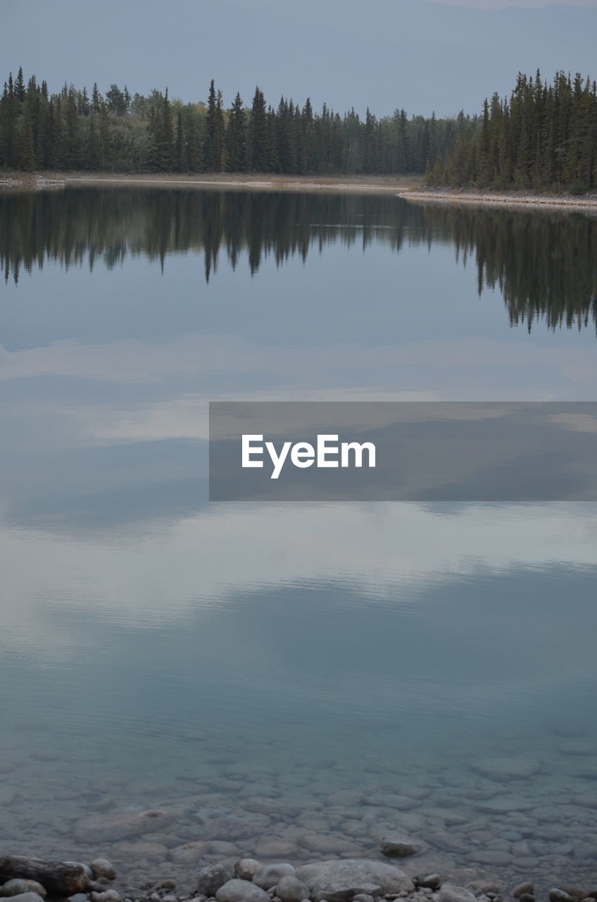 REFLECTION OF TREES IN LAKE AGAINST SKY