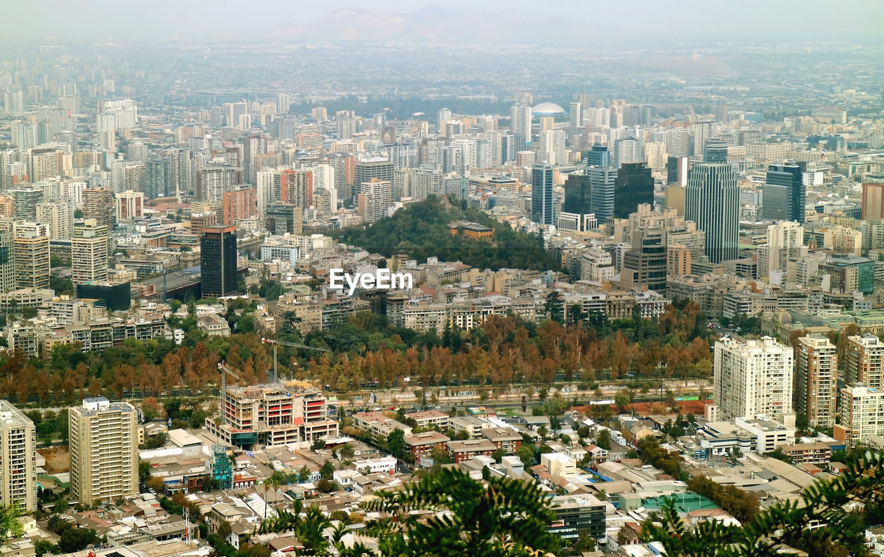 Aerial view of santiago as seen from san cristobal hill in santiago, chile, south america