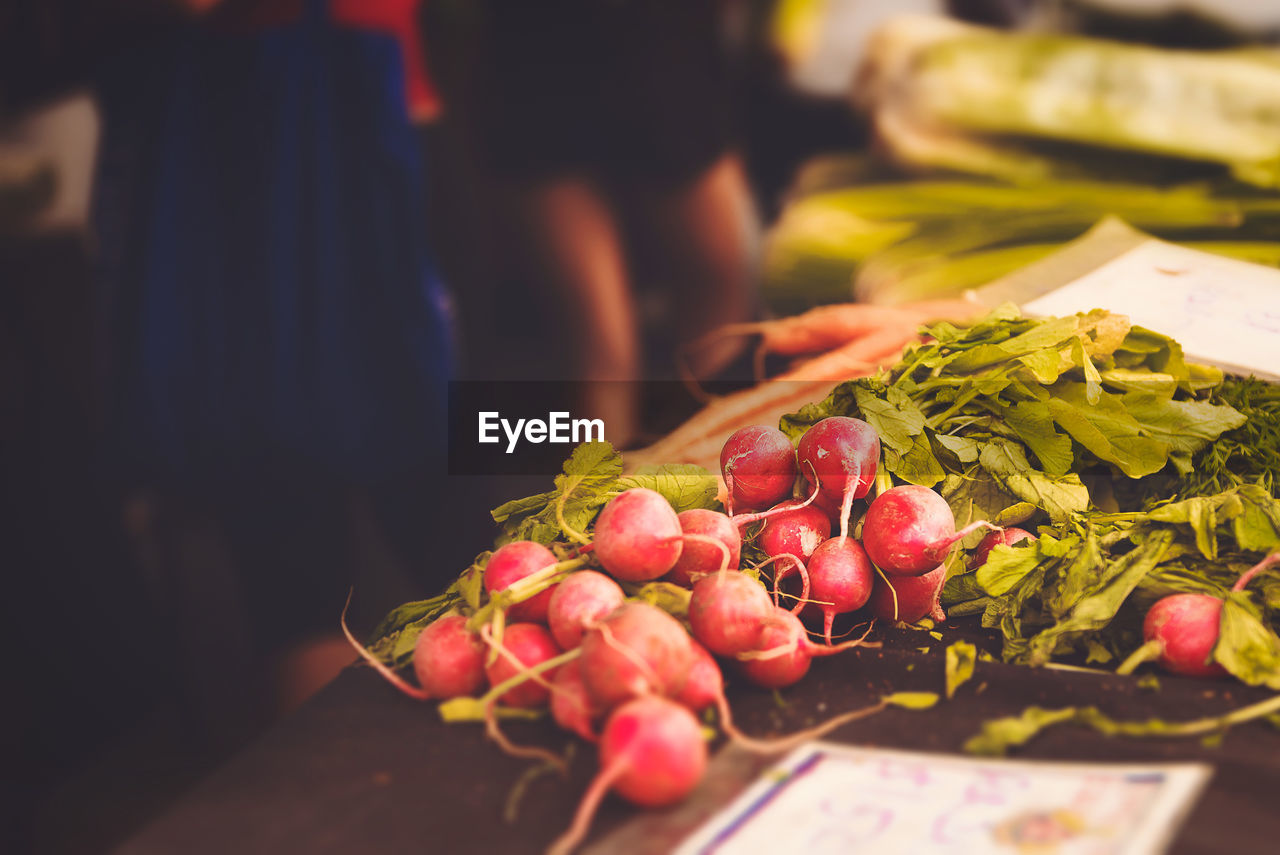 Close-up of radishes at market stall