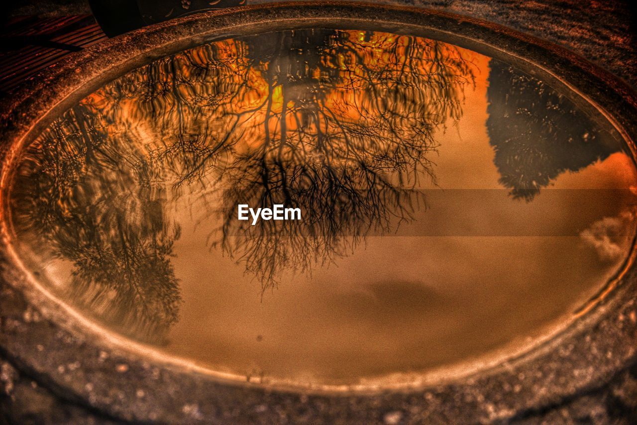 Reflection of bare trees on water in stone container at sunset