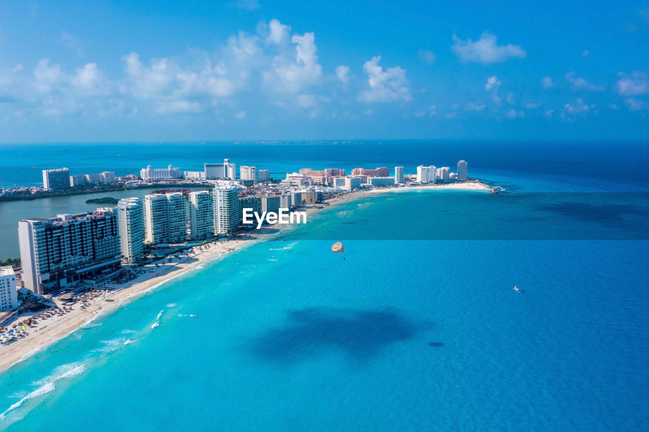 Aerial view of punta norte beach, cancun, mexico.