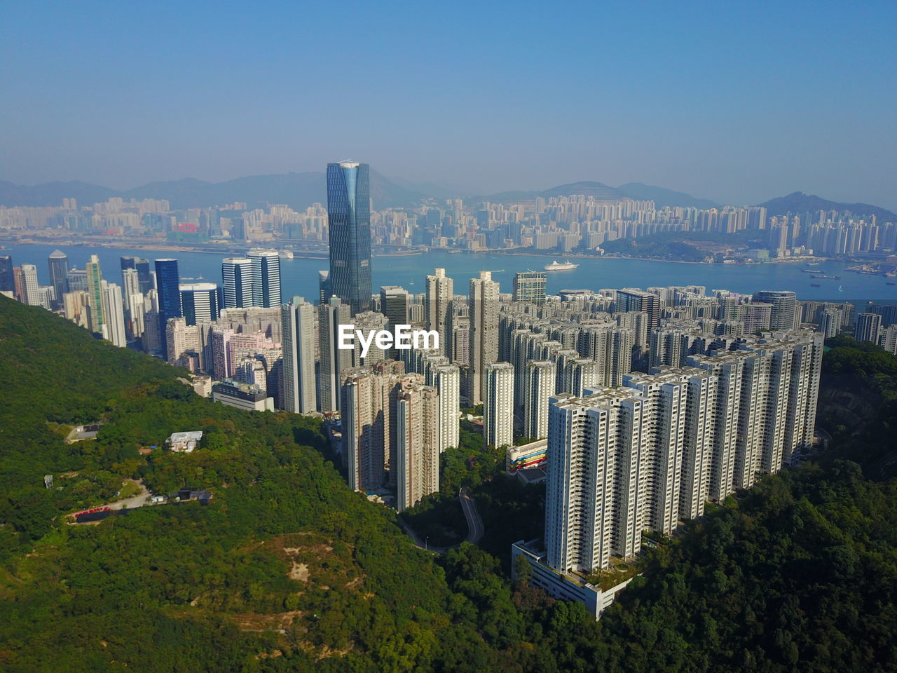 Panoramic view of cityscape against clear sky