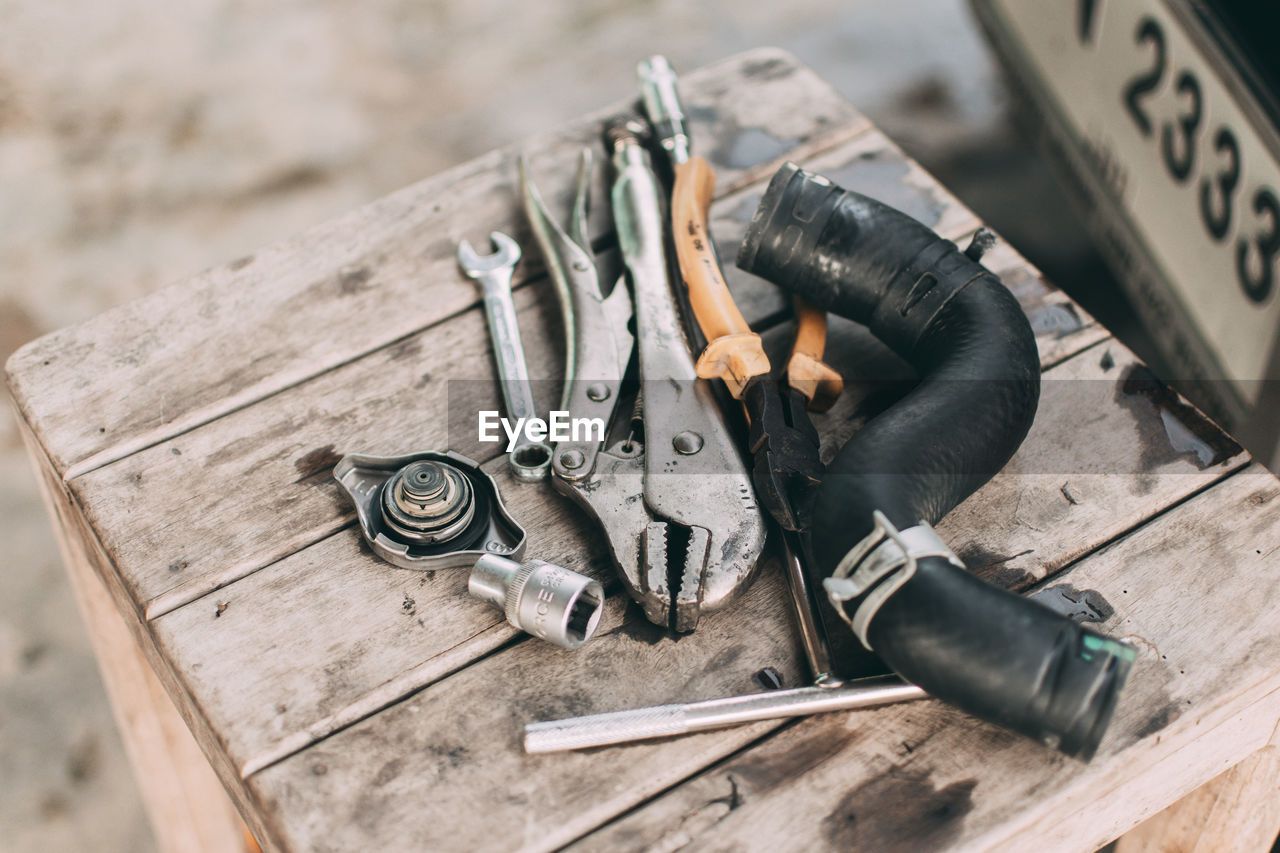 High angle view of equipment on table