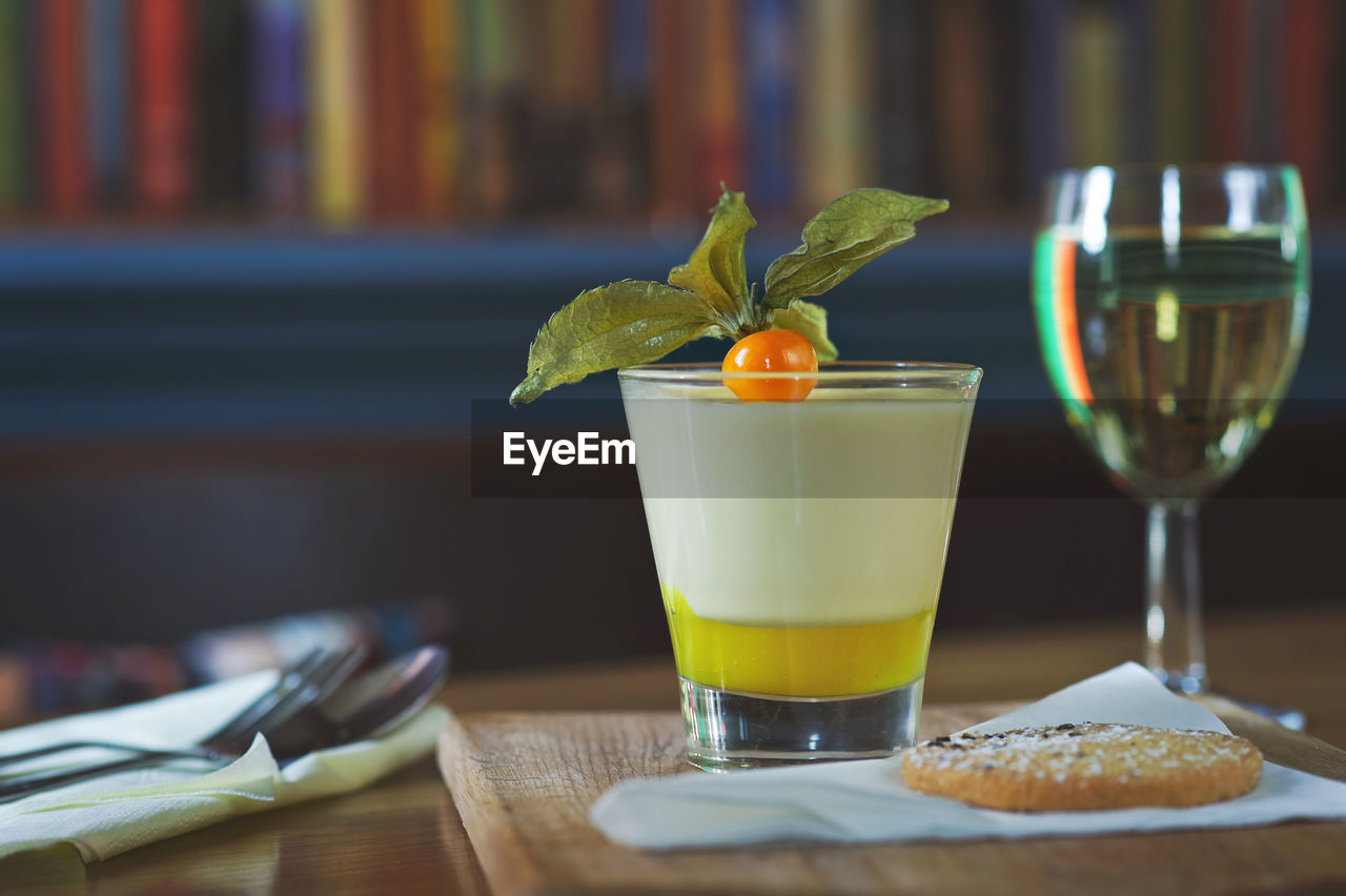 Close-up of food and drink on table