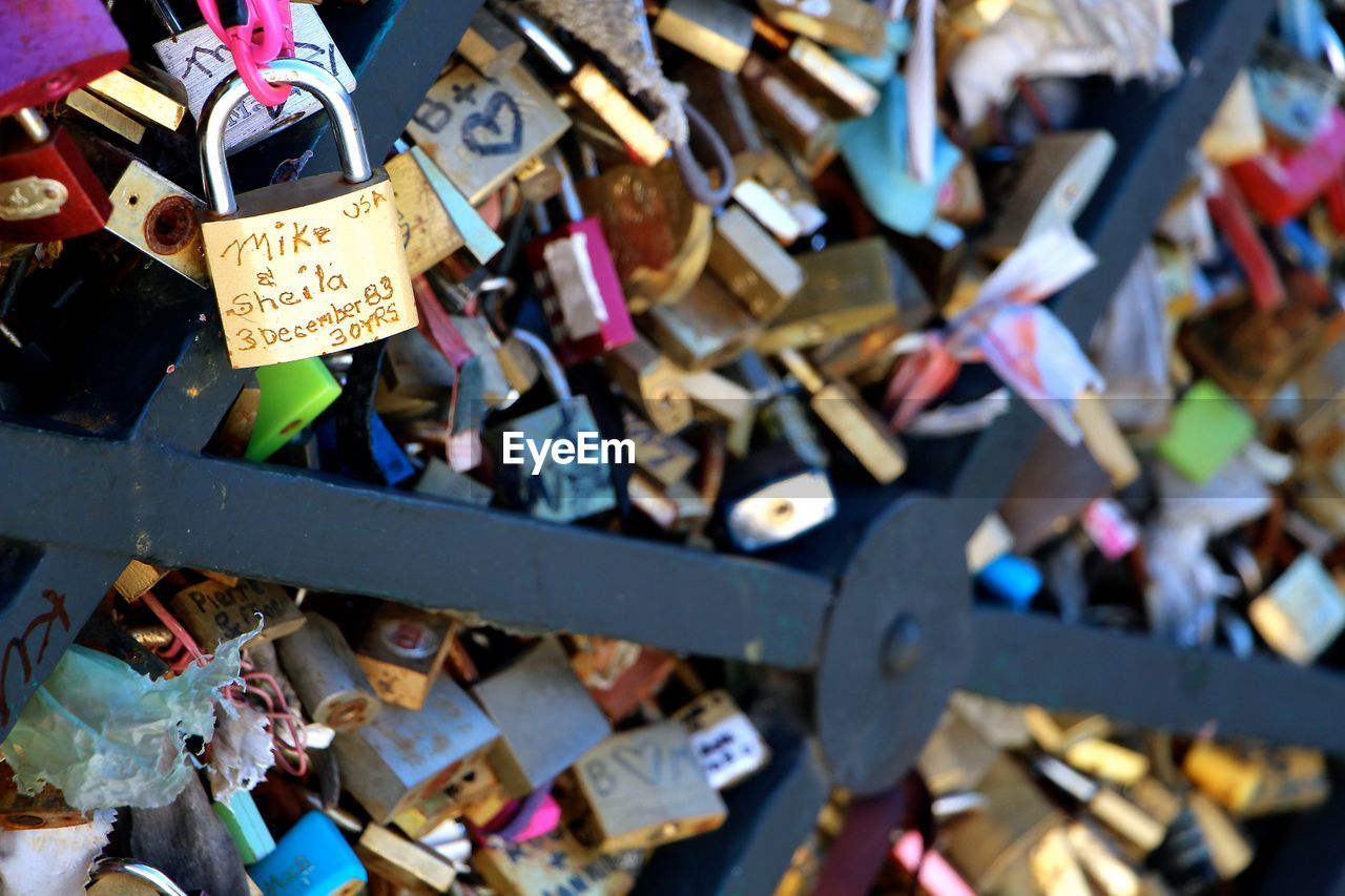 High angle view of padlocks