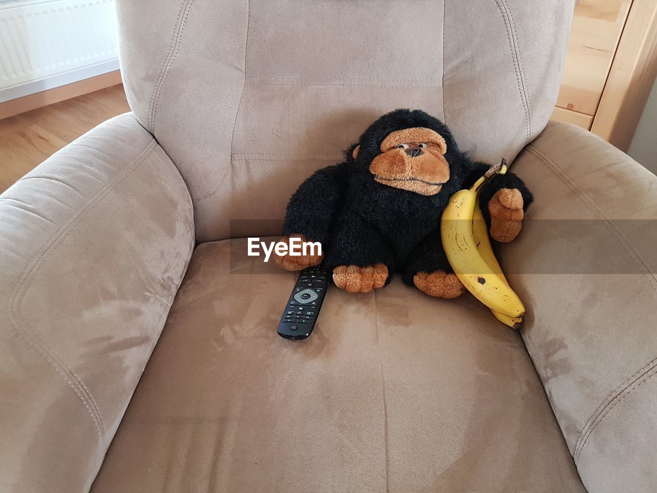 Stuffed toy and bananas on couch