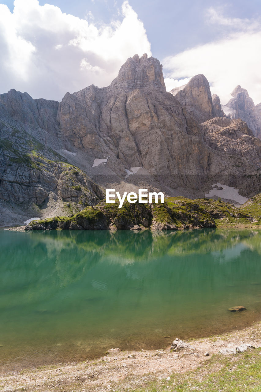 View of lake coldai, near the coldai refuge on mount civette in the belluno dolomites 