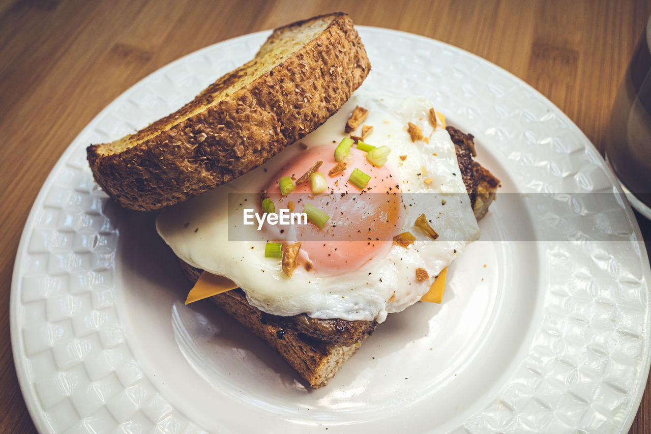 High angle view of breakfast served on table