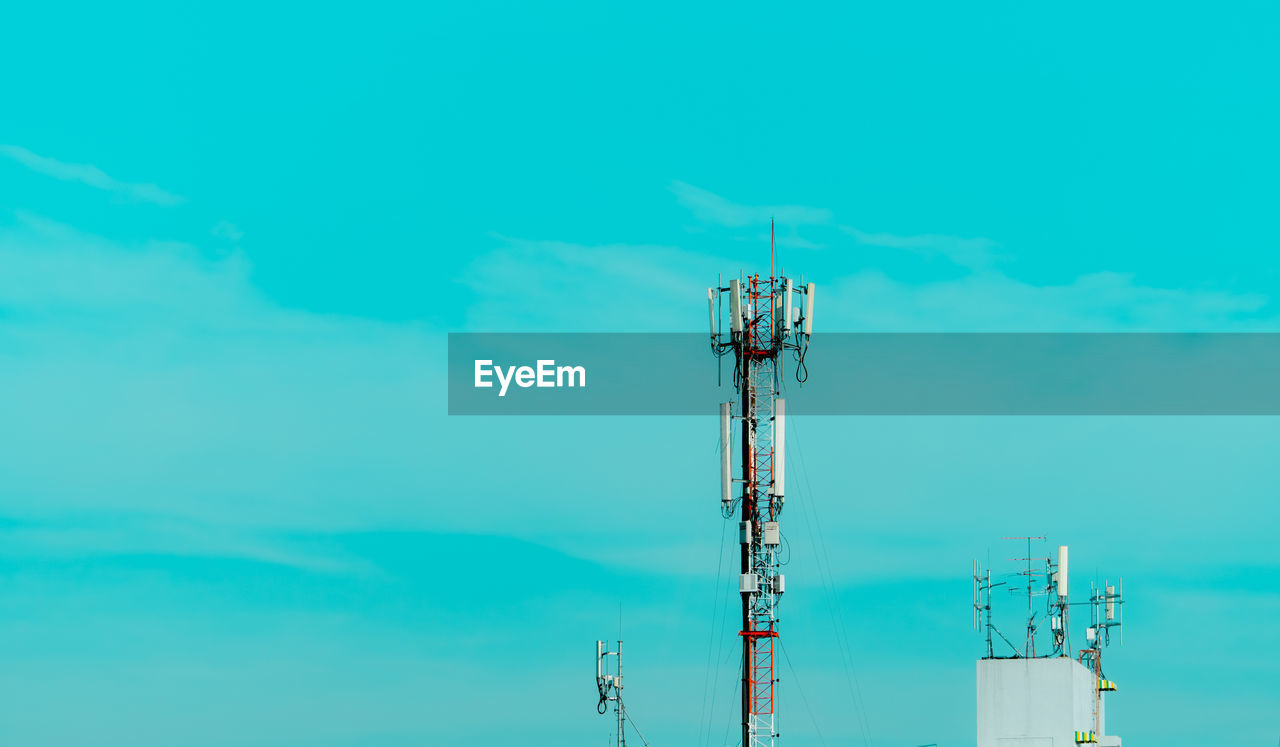 Telecommunication tower with blue sky. antenna on blue sky. radio and satellite pole. communication 