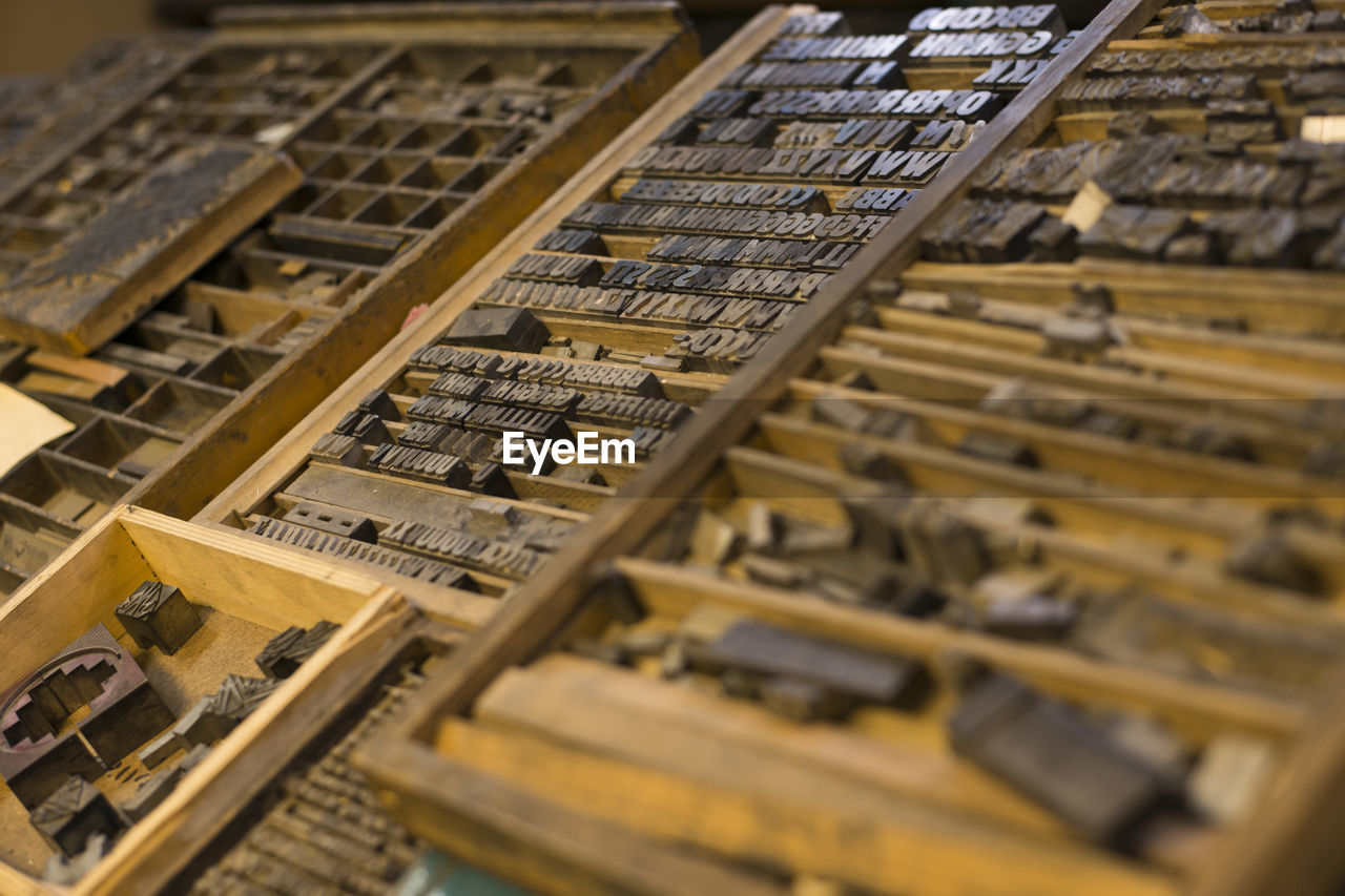 Full frame shot of equipment on wooden container