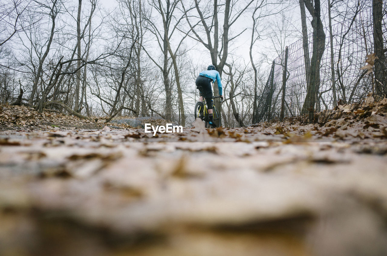 Low angle view of man riding bicycle on field against bare trees