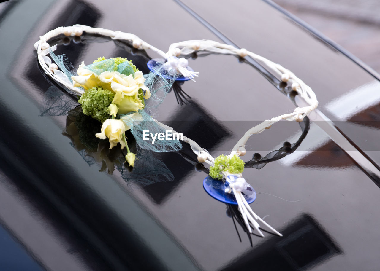HIGH ANGLE VIEW OF WHITE FLOWERING PLANT ON CAR