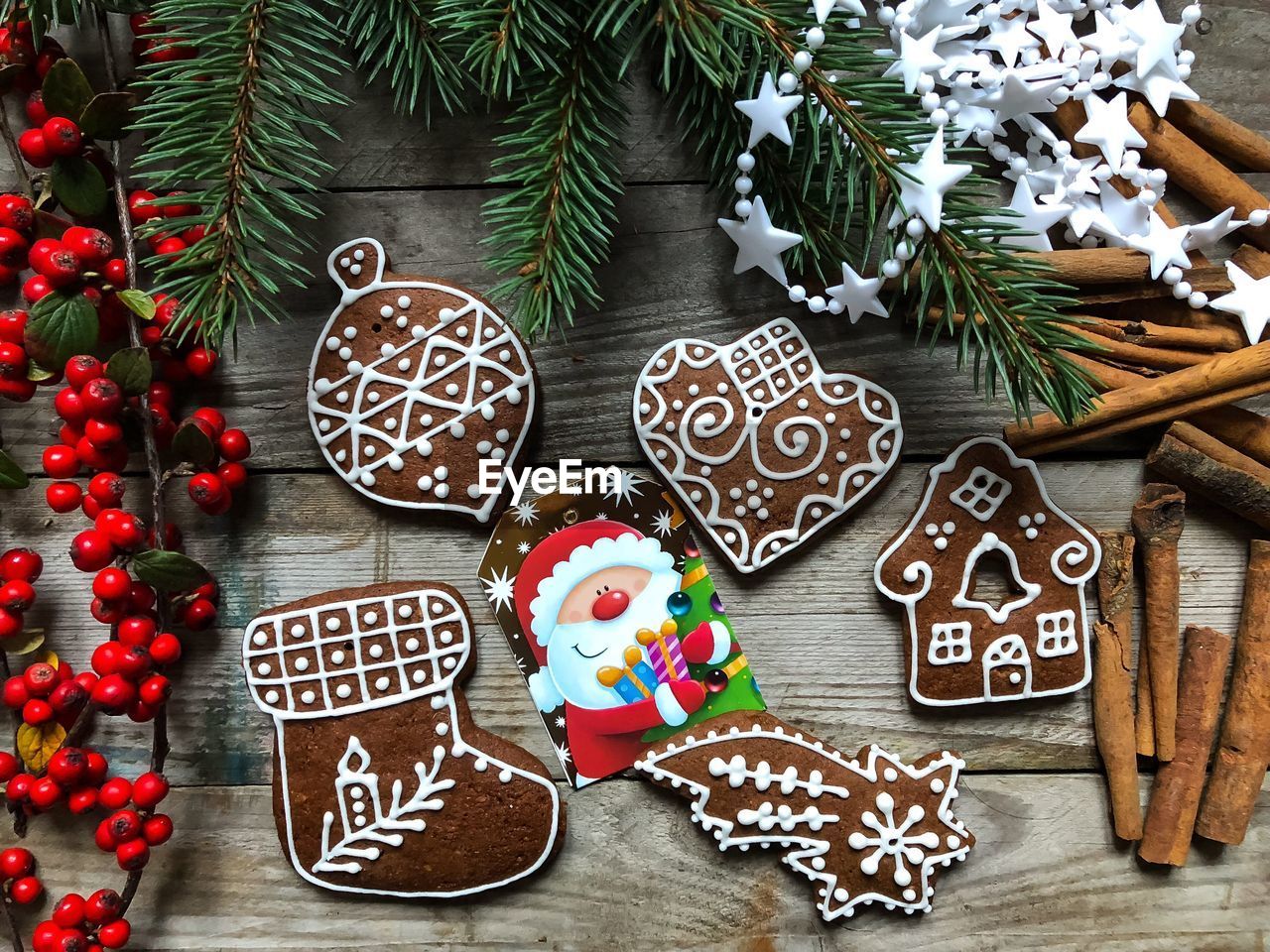 High angle view of gingerbread cookies on table