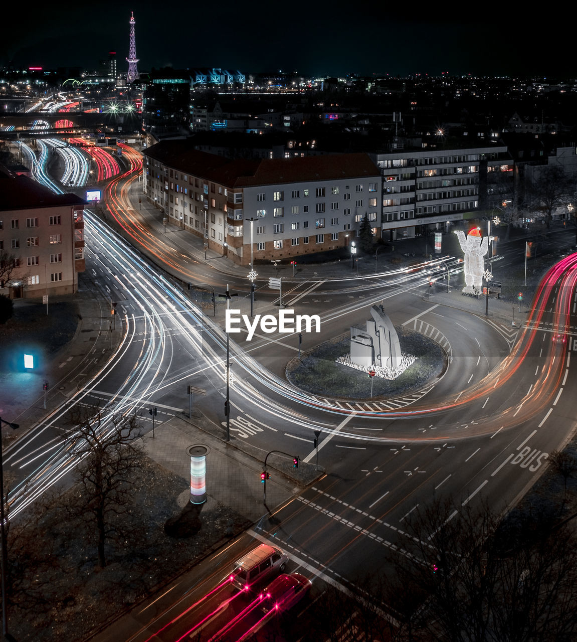 High angle view of light trails on road at night