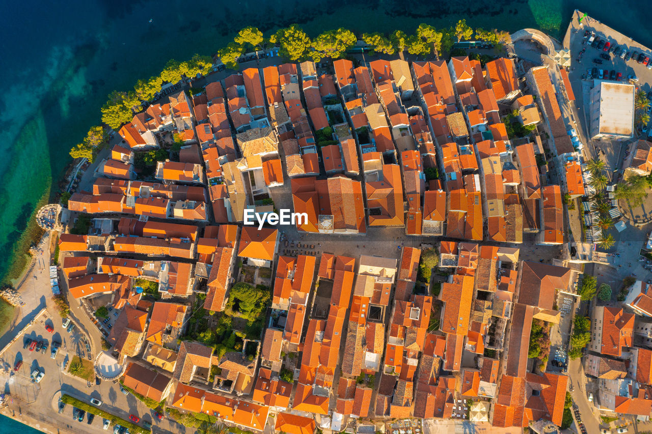 Aerial view of korcula town on korcula island, adriatic sea, croatia