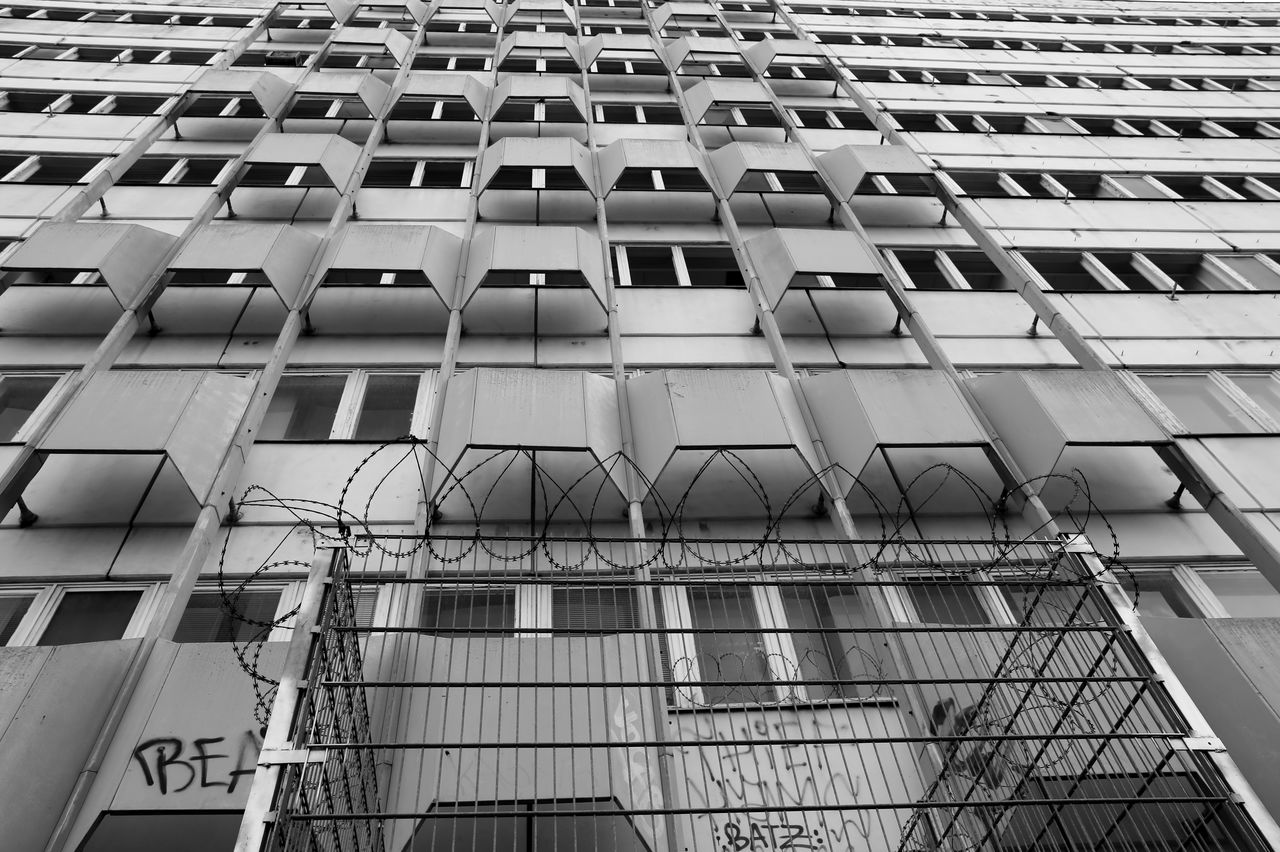 architecture, built structure, building exterior, building, skyscraper, window, low angle view, city, black and white, line, no people, monochrome, tower block, monochrome photography, office, facade, office building exterior, urban area, pattern, full frame, day, glass, outdoors, residential district, backgrounds, repetition, downtown