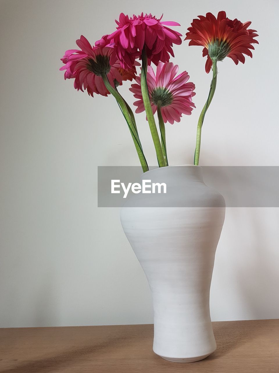 Close-up of white flower vase on table against wall