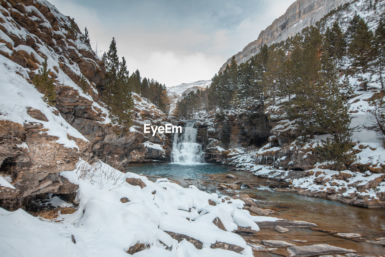 Scenic view of snowcapped mountains against sky during winter