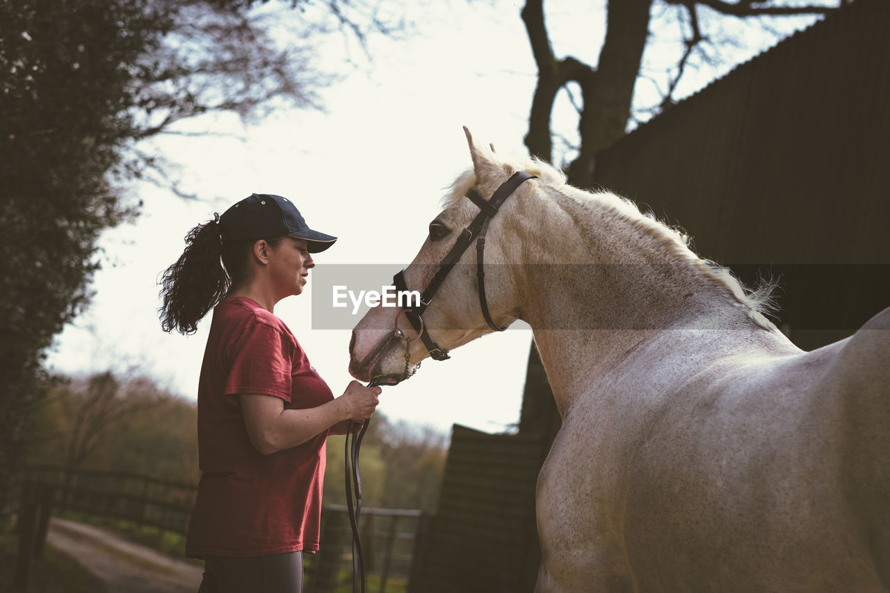 Side view of mature woman standing with horse at barn