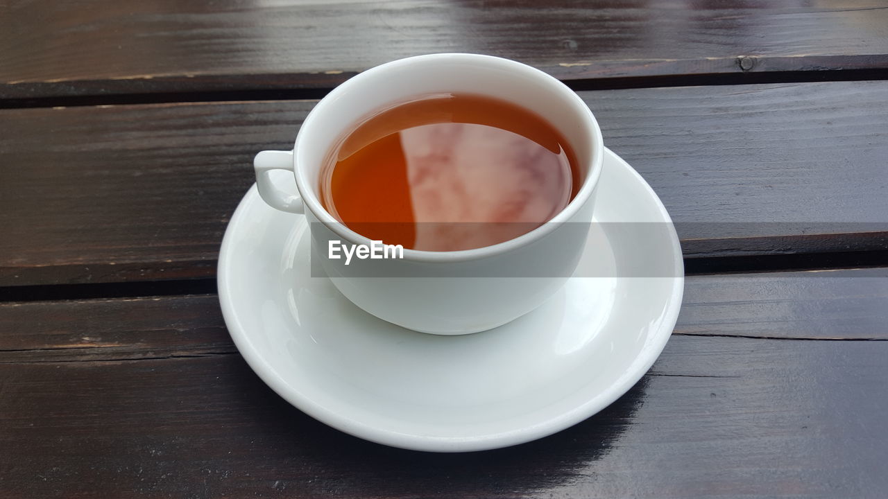 High angle view of tea in cup on table