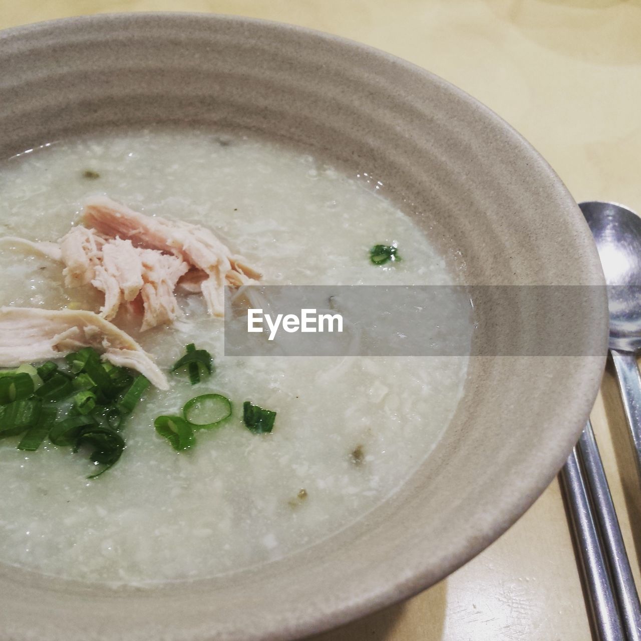 Close-up of soup in bowl on table