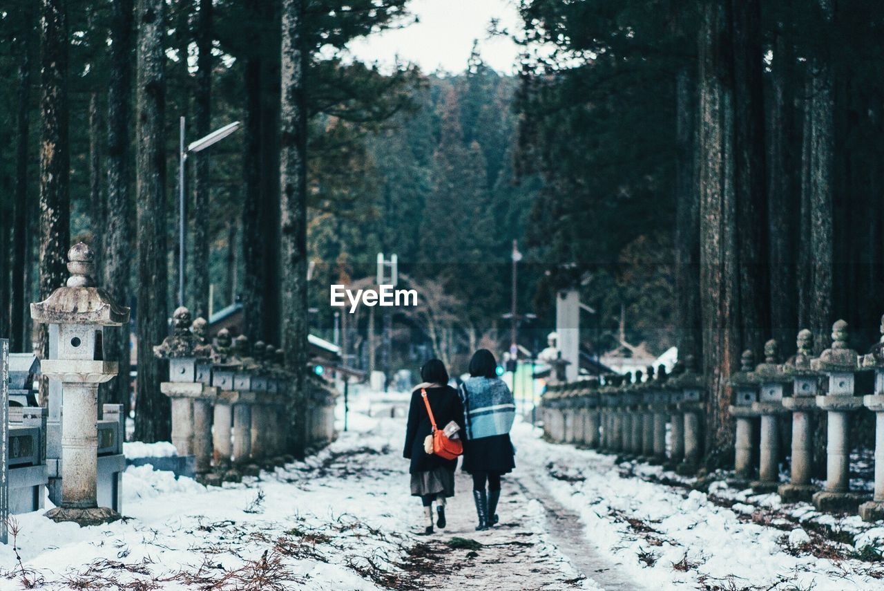 Women walking in park in winter