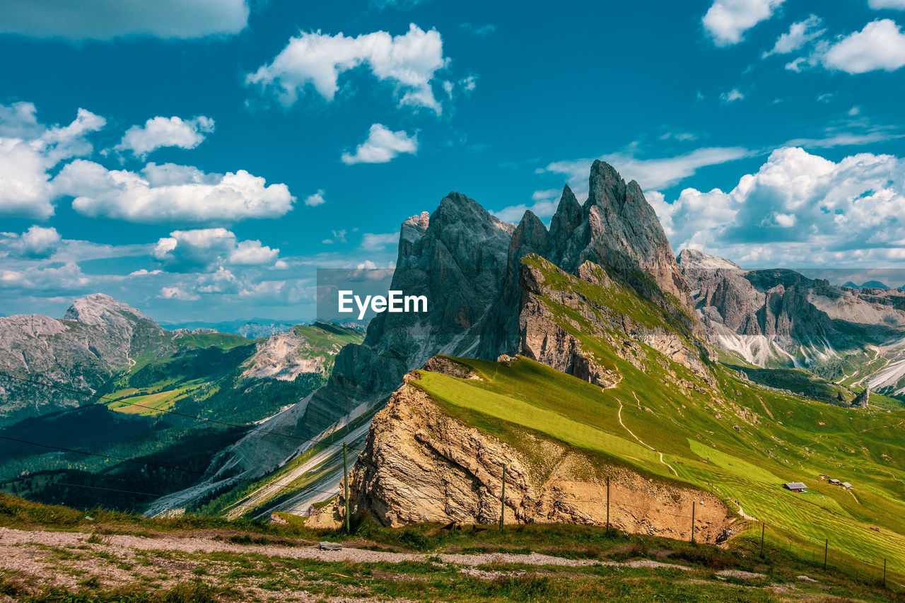 Panoramic view of the seceda, high mountain in the dolomites in south tyrol, italy.