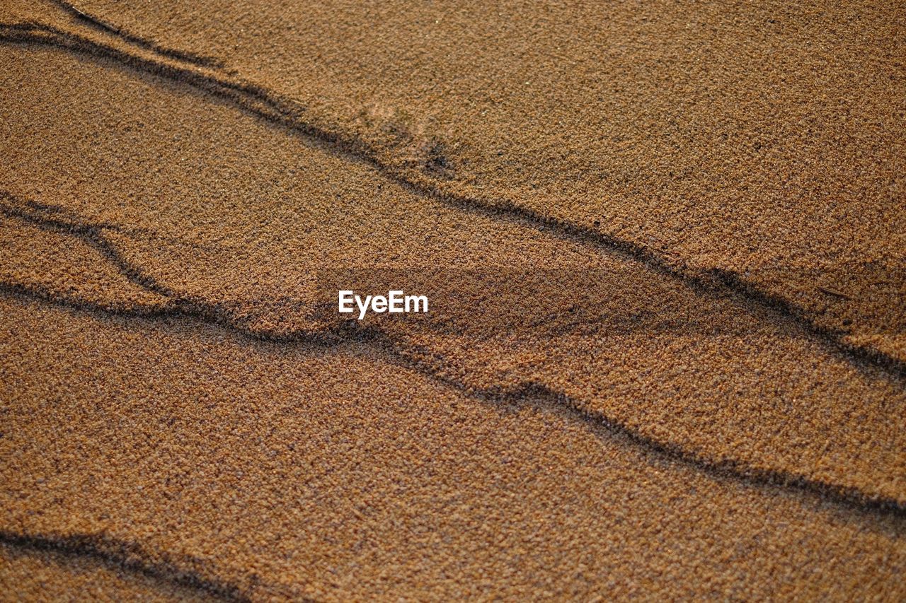 FULL FRAME SHOT OF TIRE TRACKS ON SAND DUNE