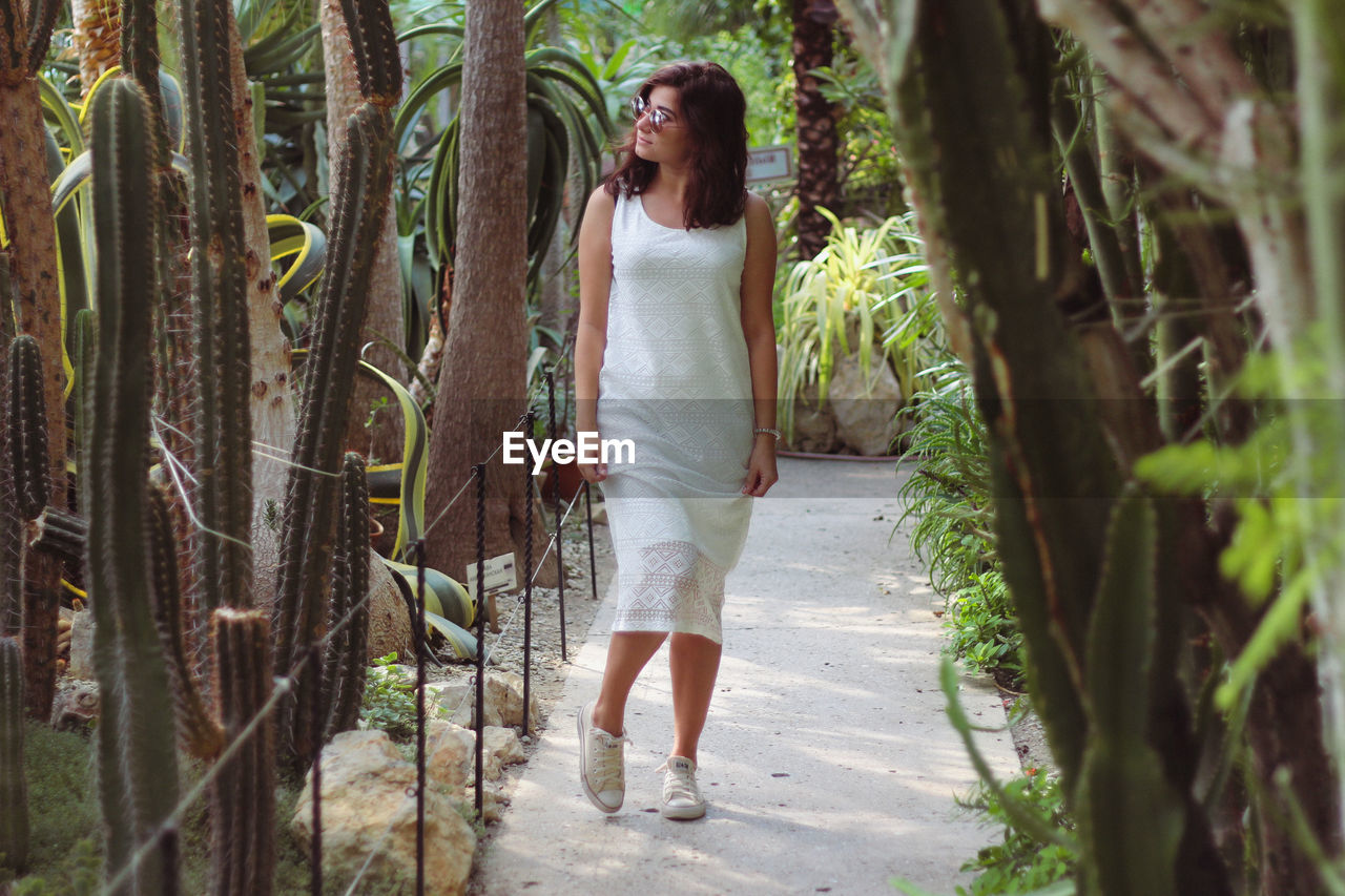 Young woman looking at cactus while walking in botanical garden