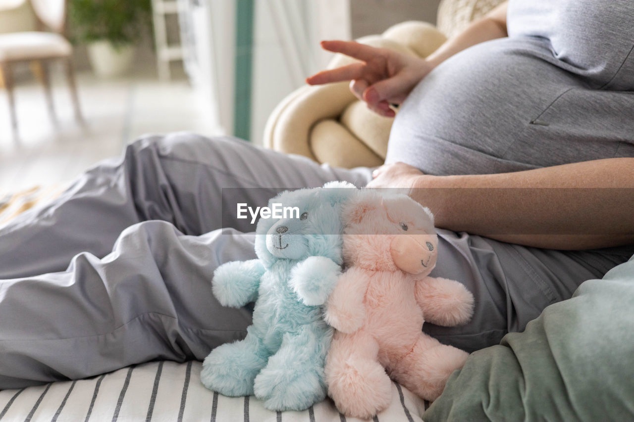 Midsection of pregnant woman with stuffed toys