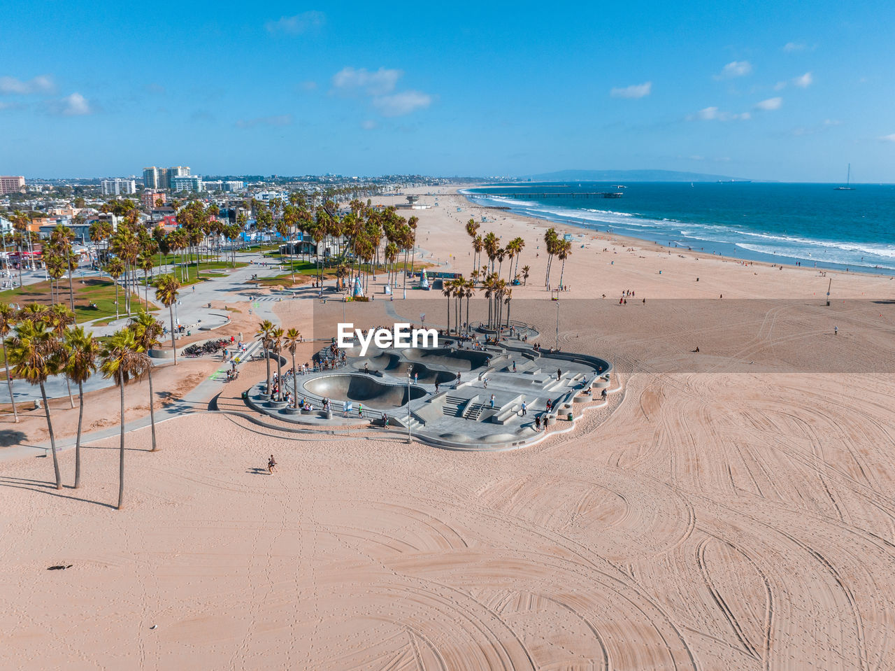 Aerial view of the skatepark of the venice beach in la, california.