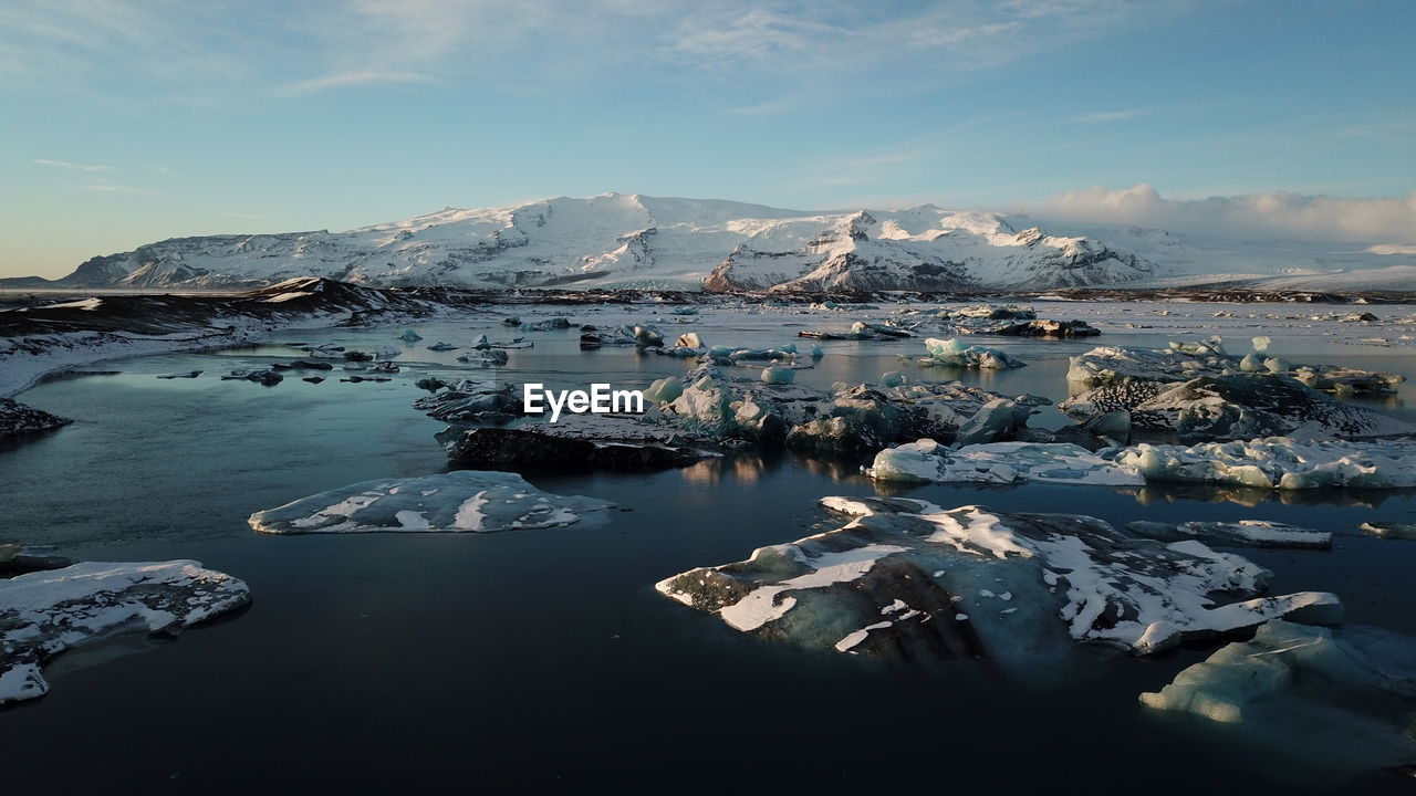 Aerial view of jokulsarlon glacier lagoon - iceland's crown jewel. 