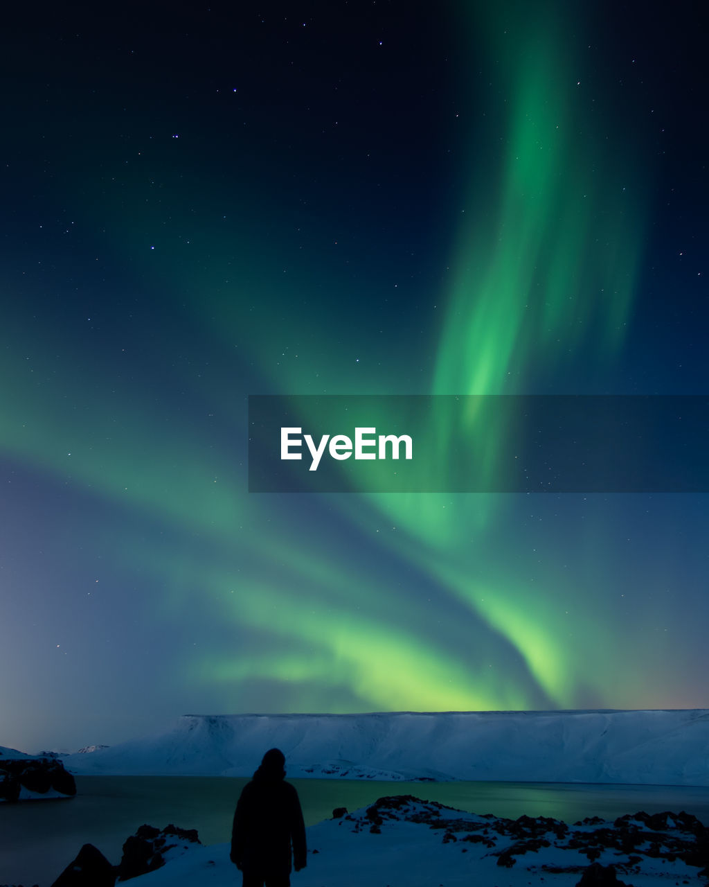 Rear view of silhouette man standing against aurora borealis at night during winter