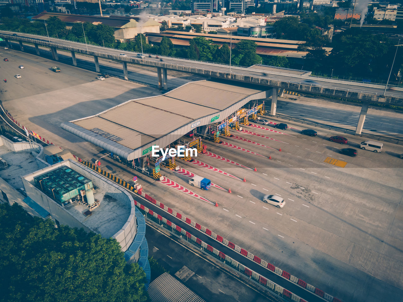 An aerial view of a toll booth