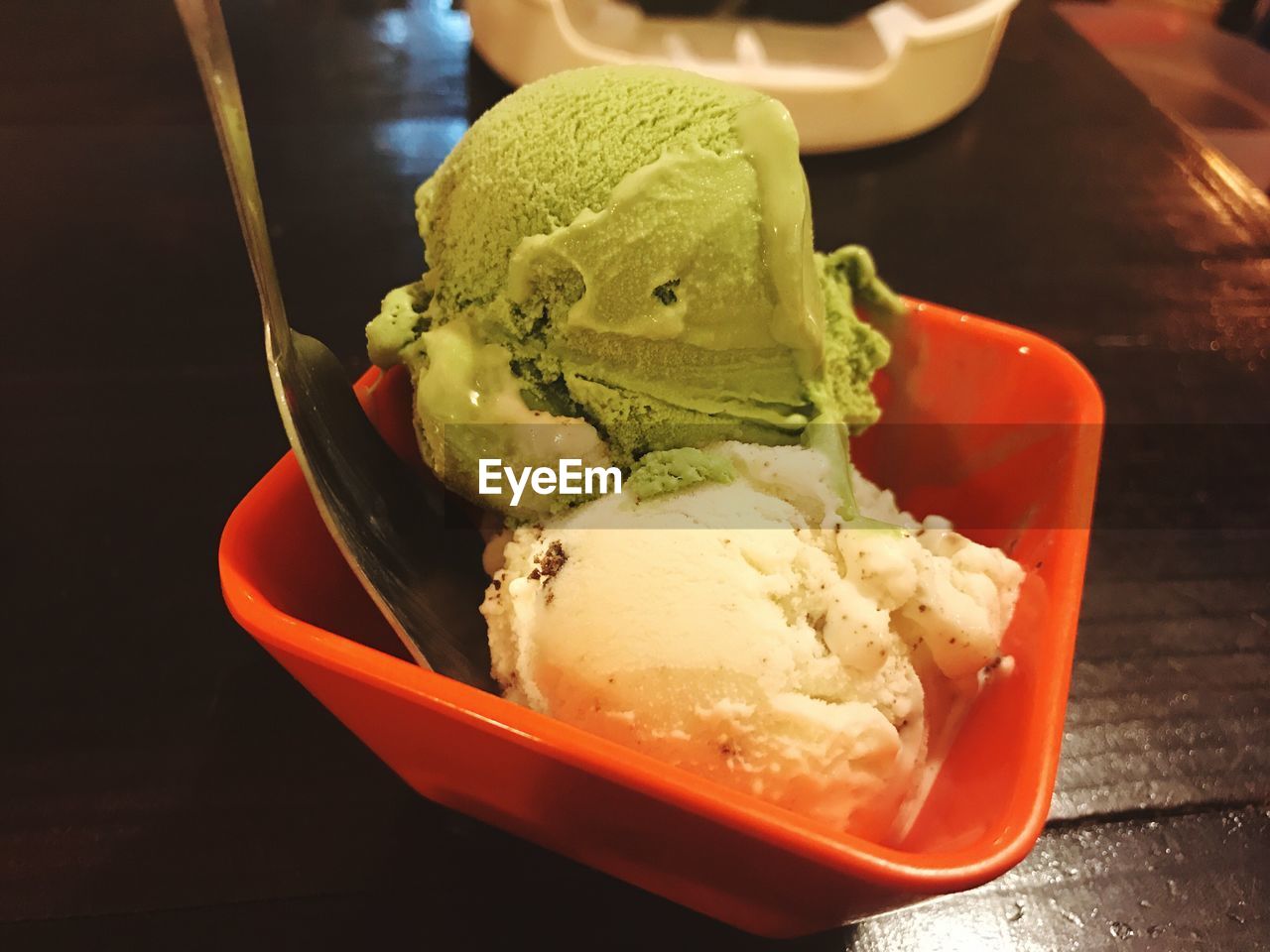 Close-up of ice cream in bowl on table