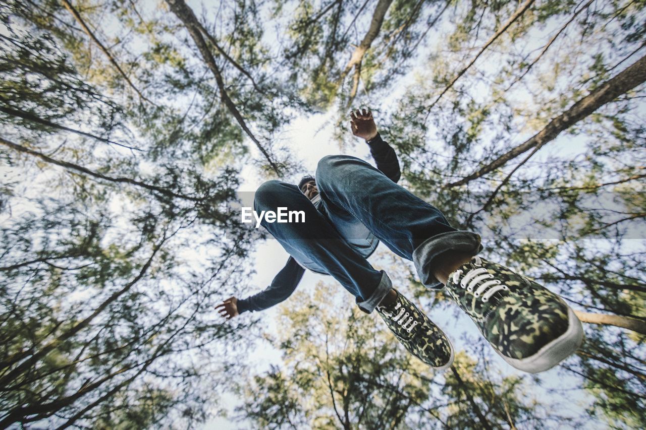 Directly below shot of man jumping against trees