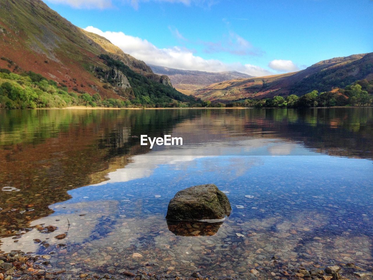 Scenic view of calm lake against mountain range